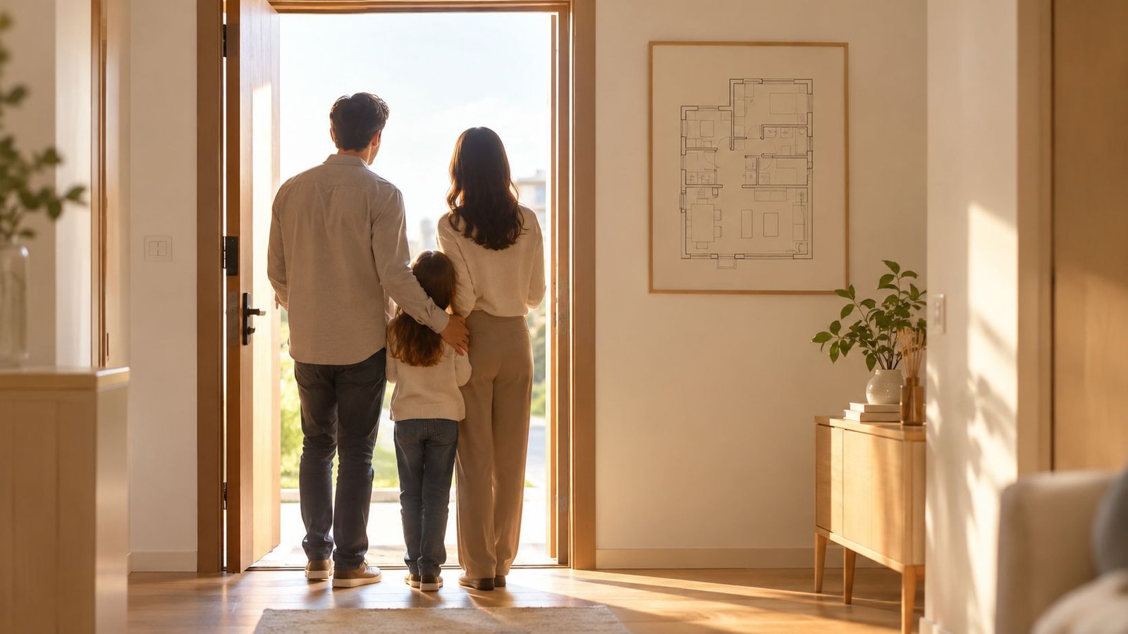 A young family of three standing together in an open doorway looking out at their new home.
