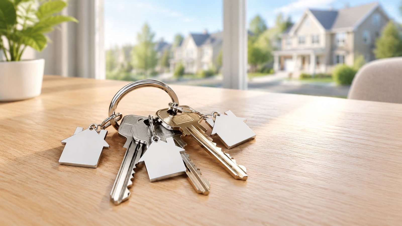 A set of house keys with silver house-shaped keychains sitting on a wooden table near a window.