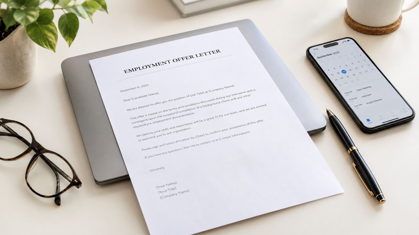 A professional desk setup featuring an employment offer letter, a smartphone showing a calendar, glasses, and a plant.