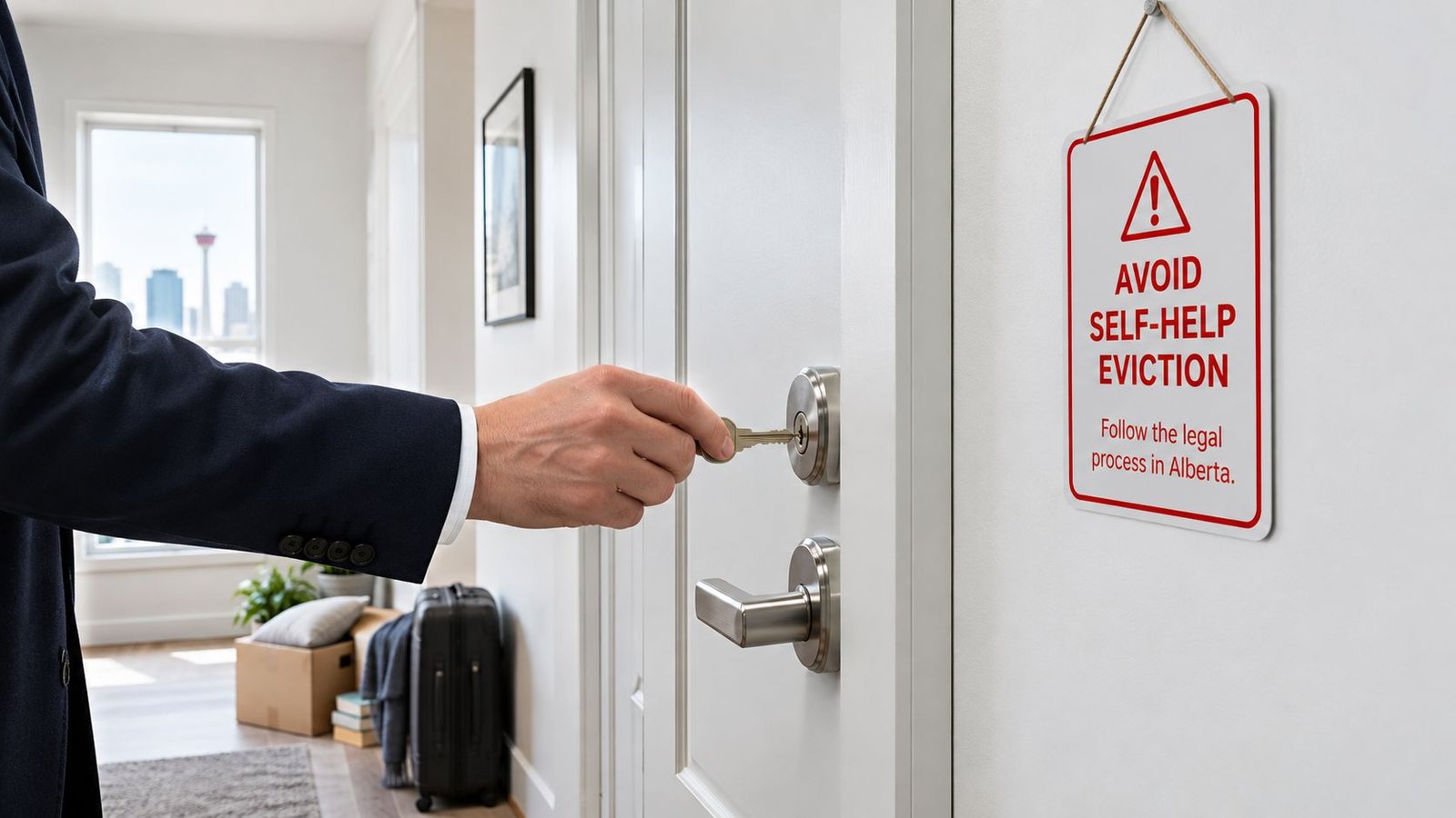 A person in a suit using a key to open a door next to an Alberta eviction warning sign.