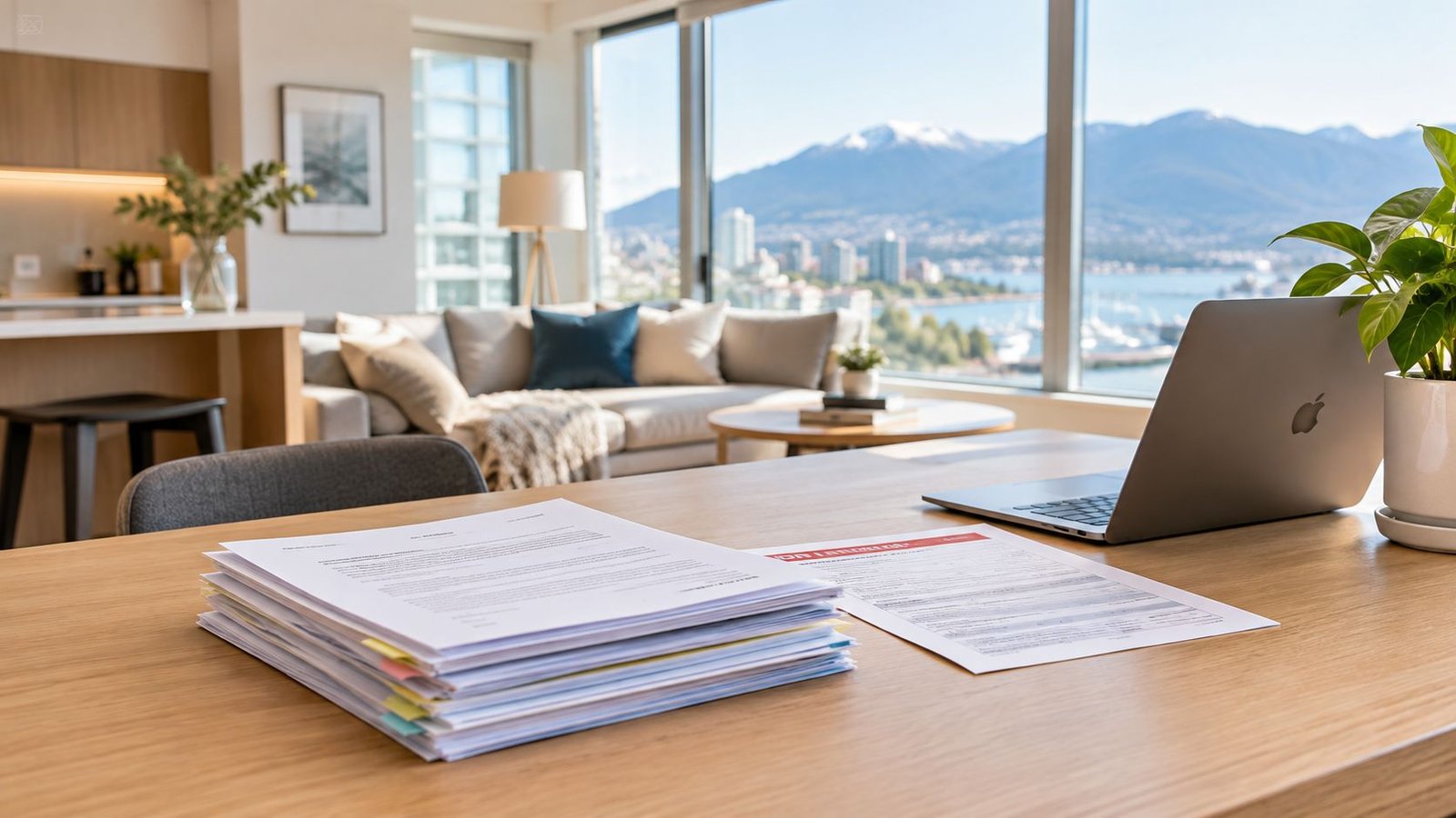 A organized workspace featuring a stack of documents and a laptop on a desk overlooking city views.