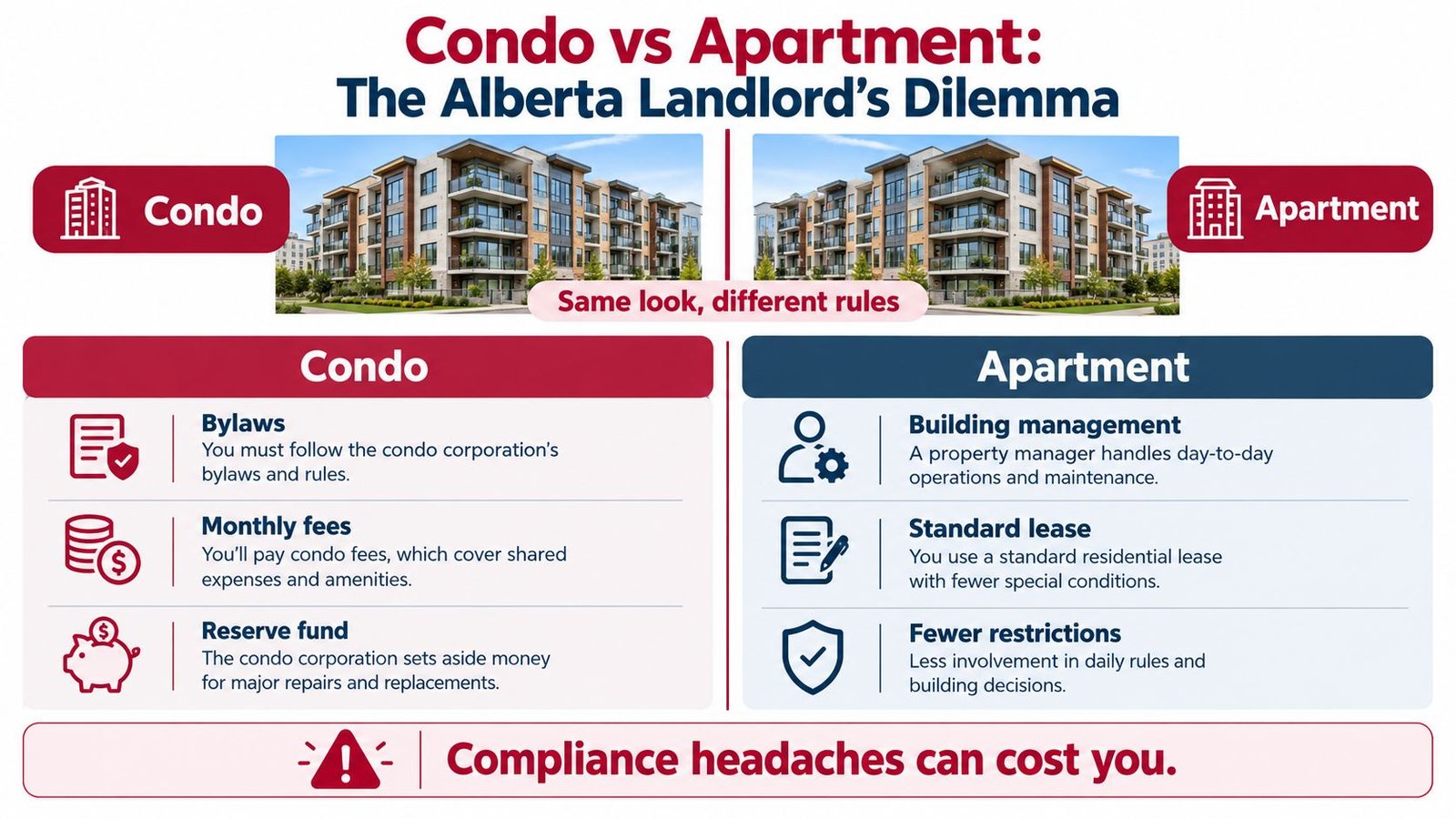 A comparison infographic titled Condo vs Apartment explaining the different rules and responsibilities for Alberta landlords.