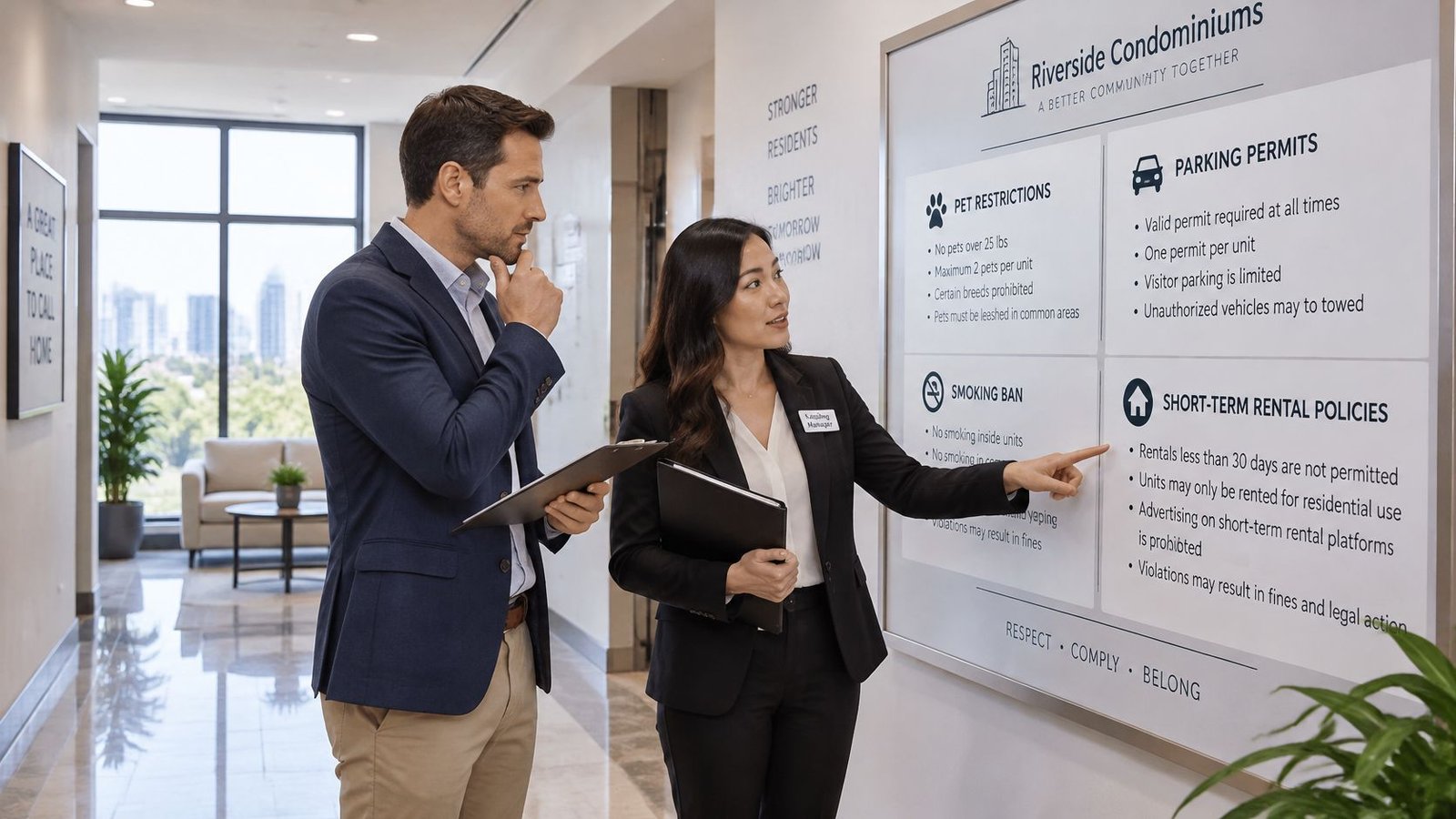A property manager showing a building policy board to a potential resident in a modern condo lobby.