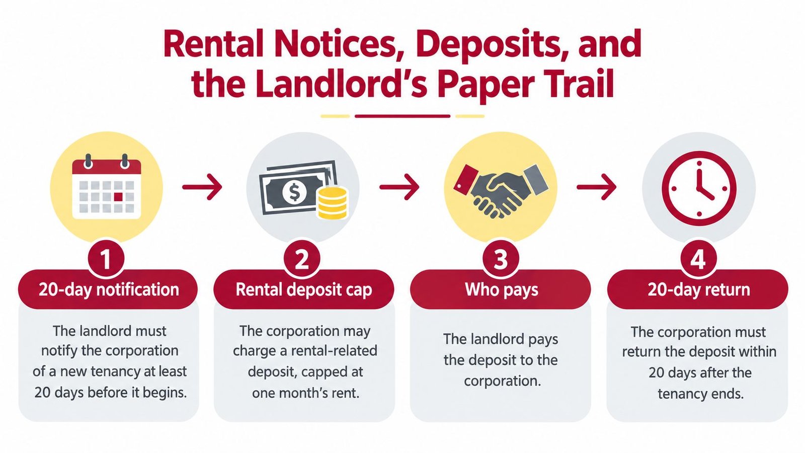 An infographic showing the four steps of the landlord's rental notice, deposit, and return process for condominiums.
