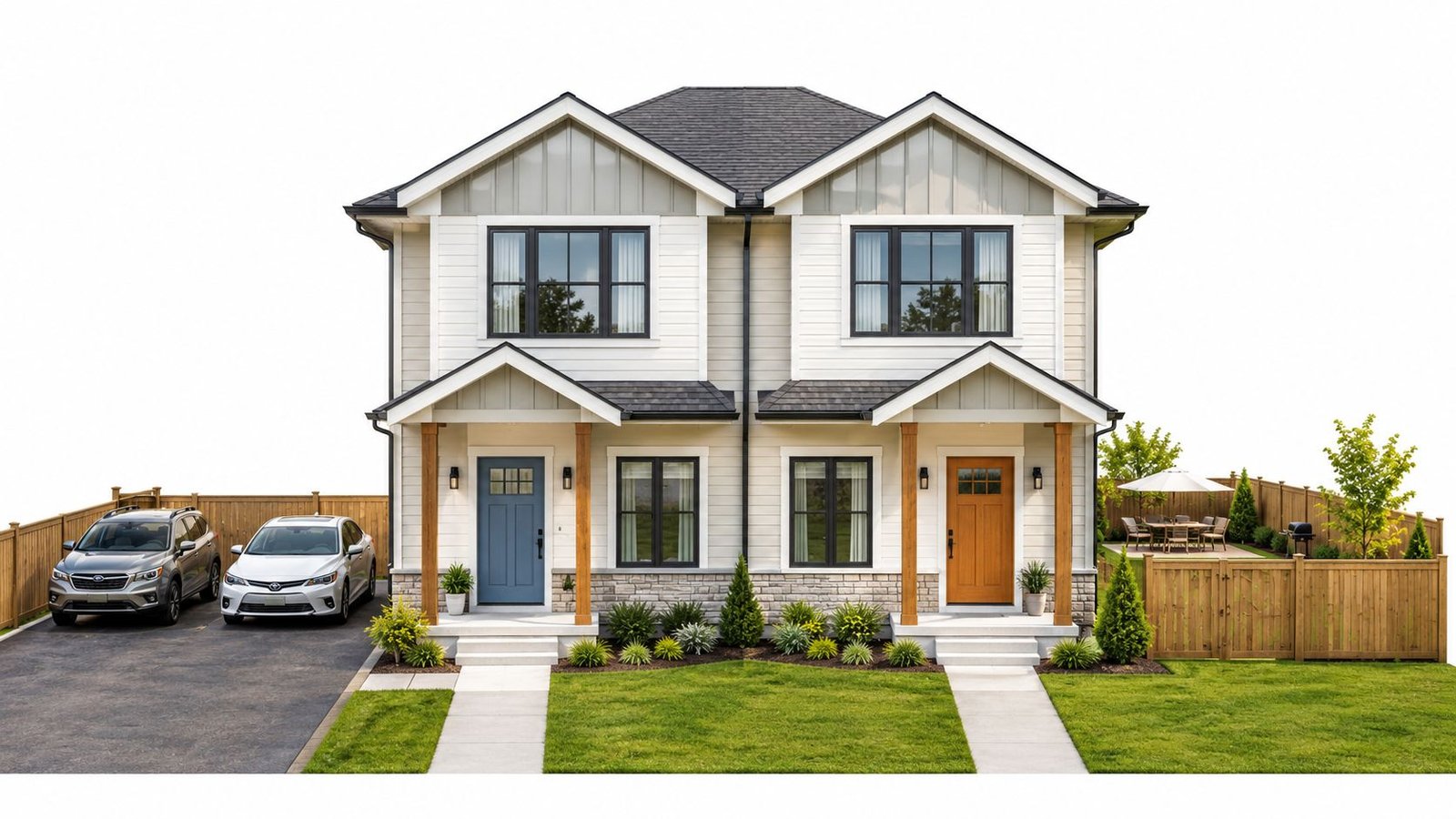 A modern two-story duplex house exterior with a driveway, front yard, and wooden fences on both sides.