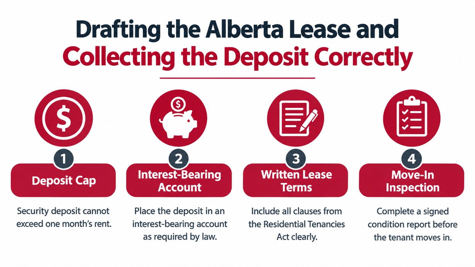 An infographic outlining four key steps for landlords in Alberta regarding lease agreements and security deposits.