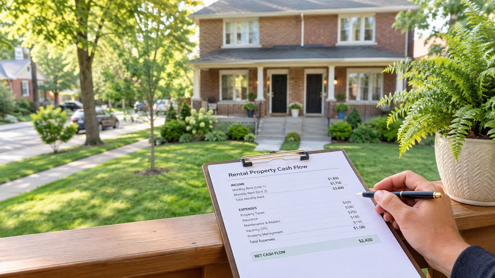 A hand holds a clipboard showing a rental property cash flow analysis in front of a house.