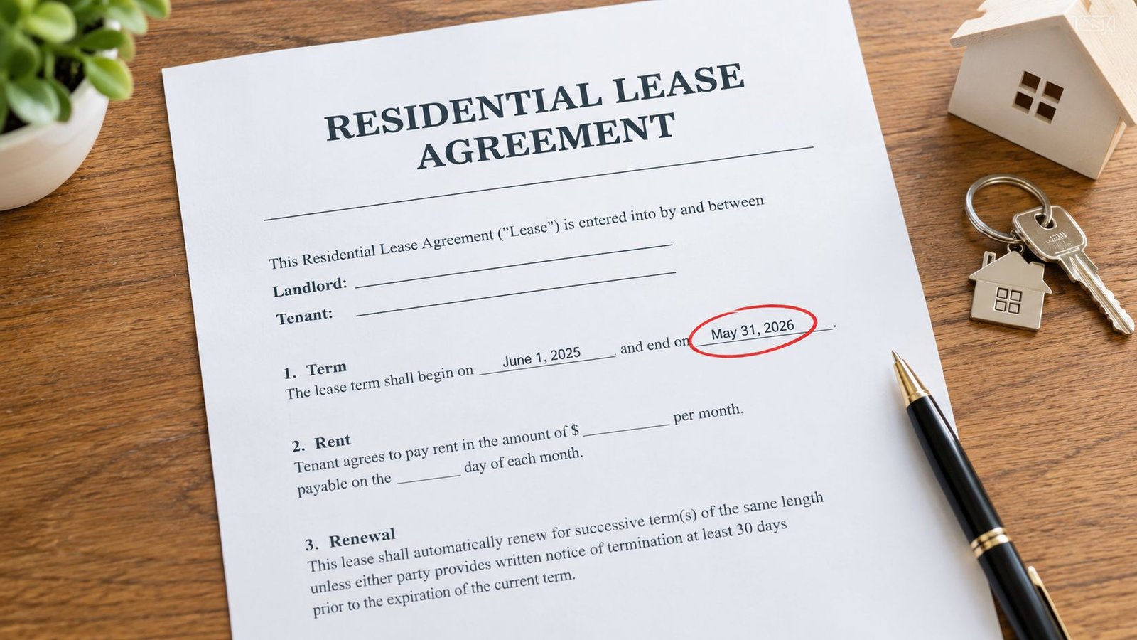 A printed residential lease agreement document with a circled end date on a wooden desk with a house key.