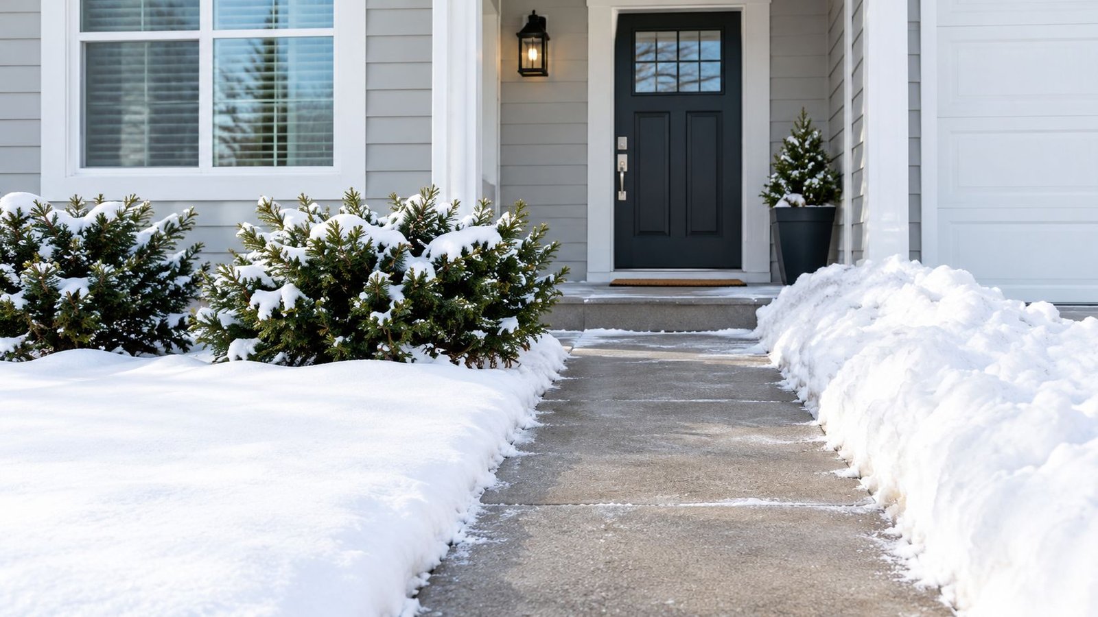 A snow-covered walkway leading to a house entrance with a modern door and evergreen shrubs.