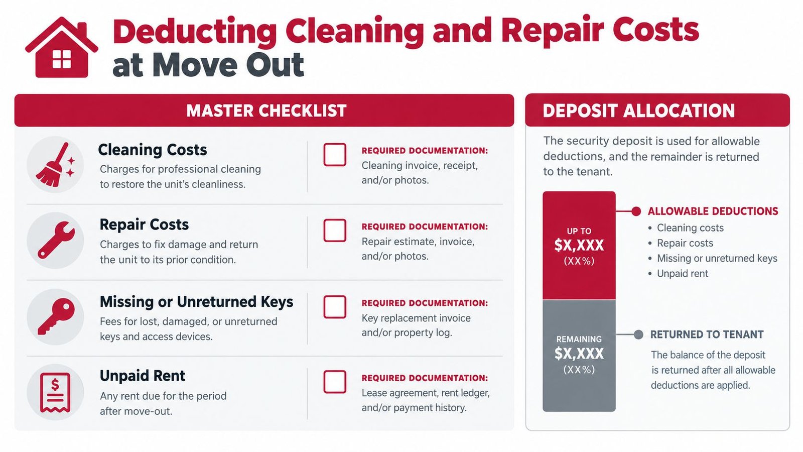 An infographic showing a checklist and deposit allocation process for security deposit deductions during tenant move out.