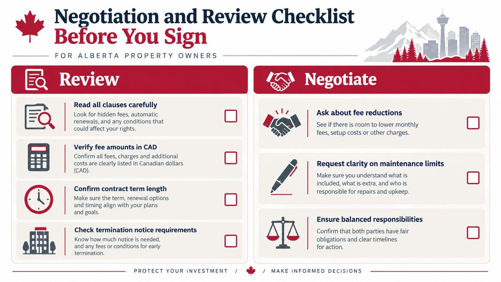 An infographic checklist for Alberta property owners covering key points to review and negotiate before signing contracts.