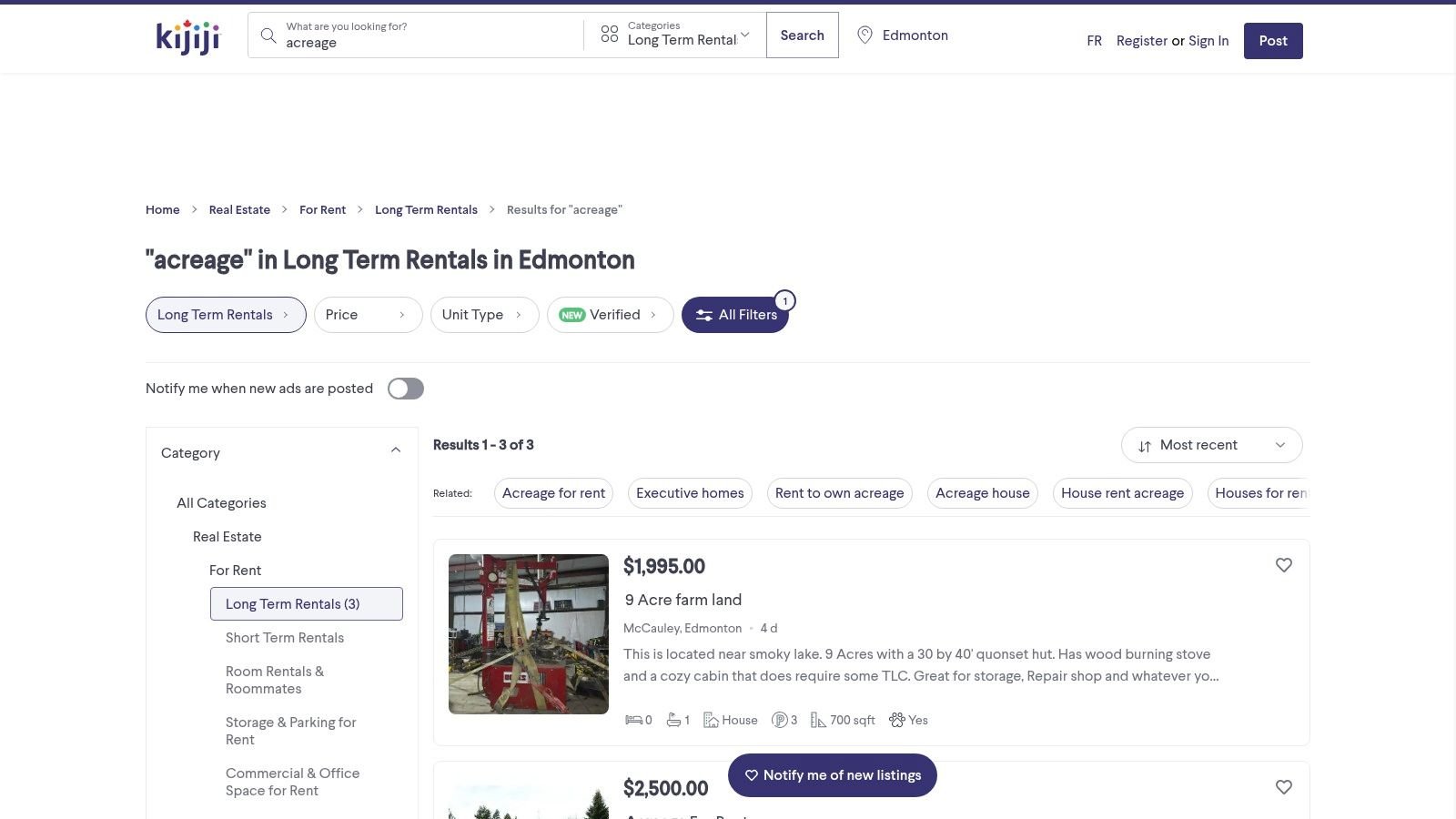 Kijiji acreage rentals in the wider Edmonton region