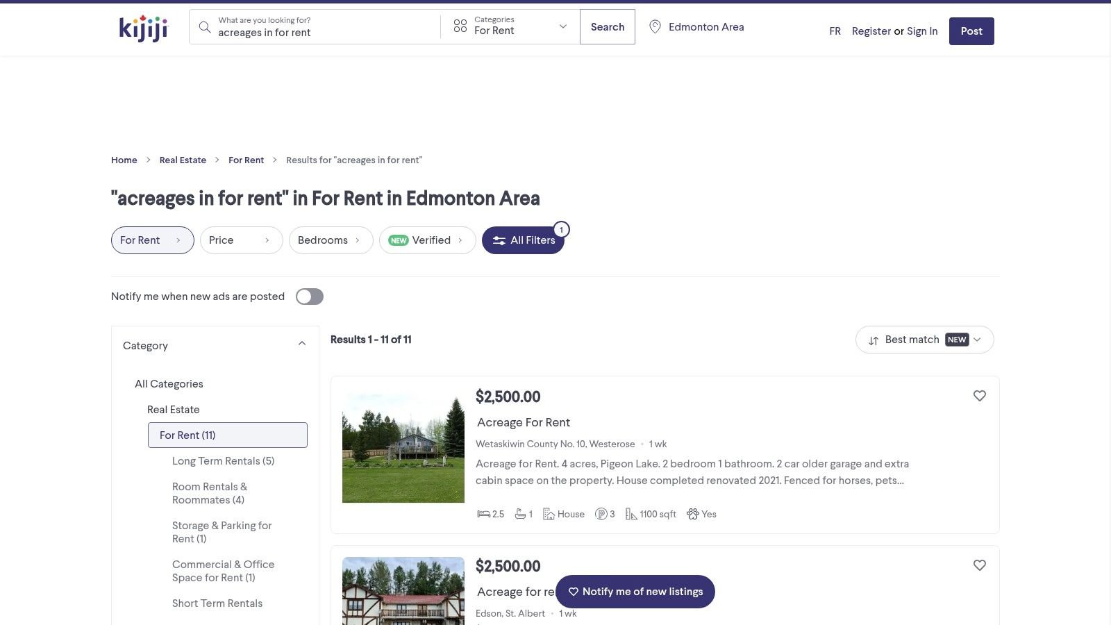 Kijiji acreage rentals around West Edmonton