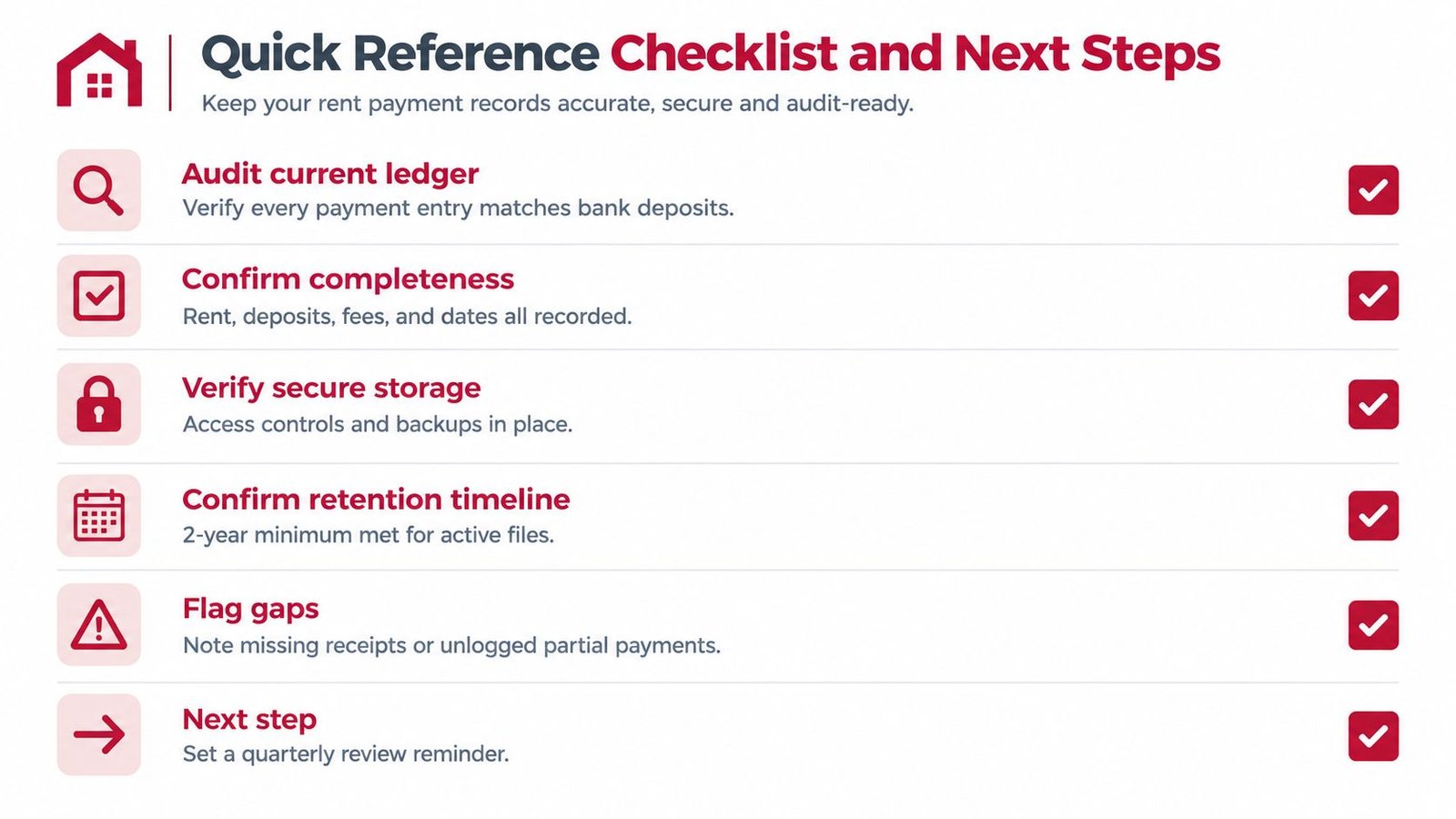 A quick reference checklist for maintaining accurate and secure rent payment records for auditing purposes.