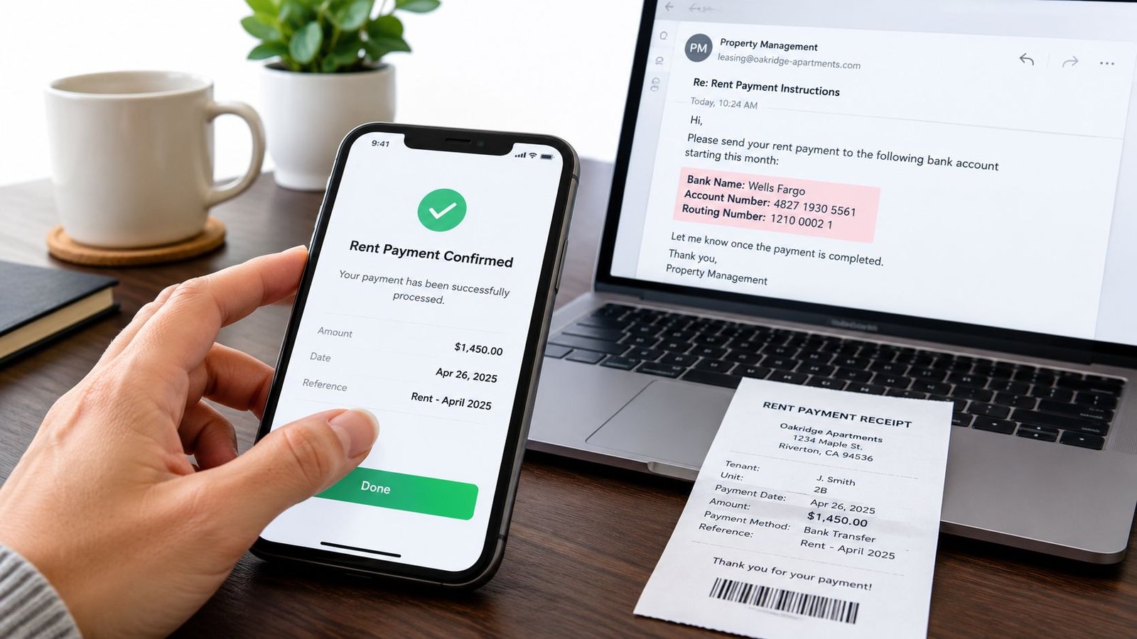 A person makes an online rent payment on their smartphone while viewing payment instructions on a laptop.