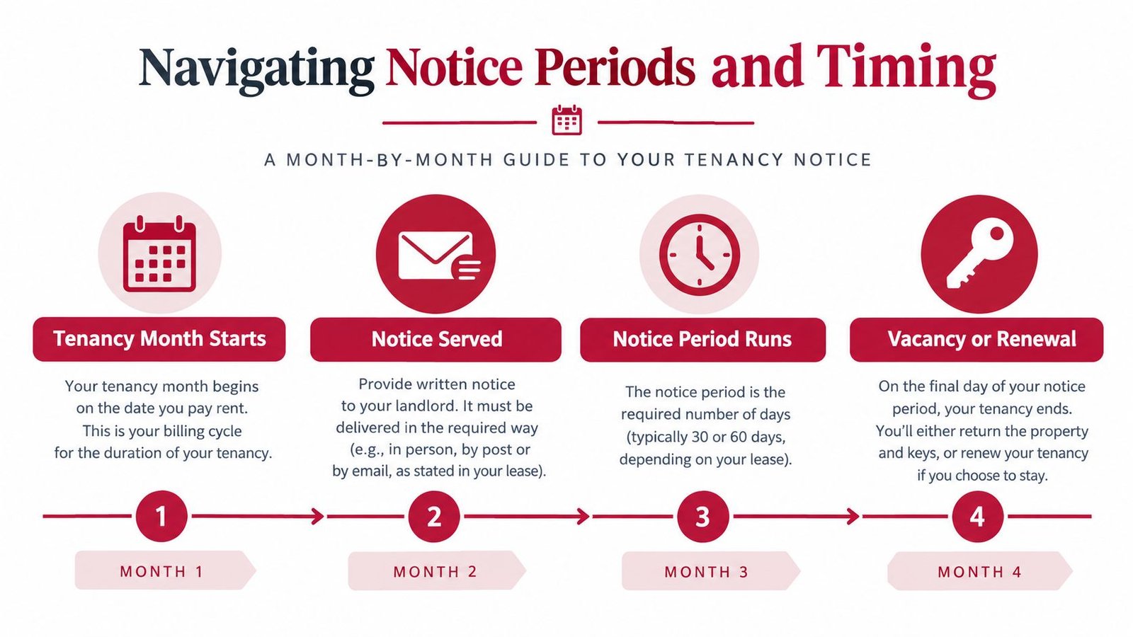 An infographic titled Navigating Notice Periods and Timing, illustrating the four-step process for a tenant ending a lease.