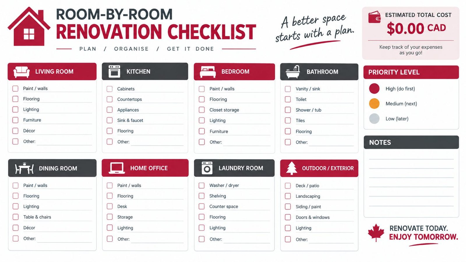 A printable room-by-room renovation checklist with categories for various household spaces to plan home improvement projects.