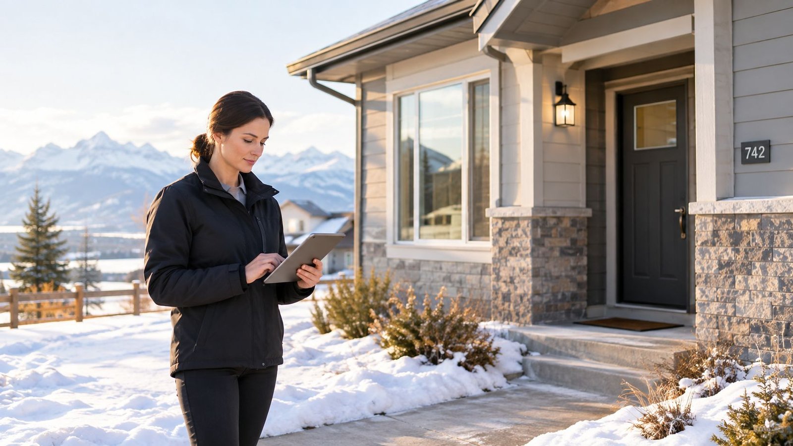 A property manager checking rental property details on a tablet in front of a house in winter.