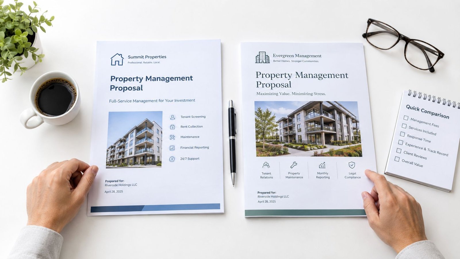 A person reviewing two property management proposals side by side on a desk with coffee and glasses.