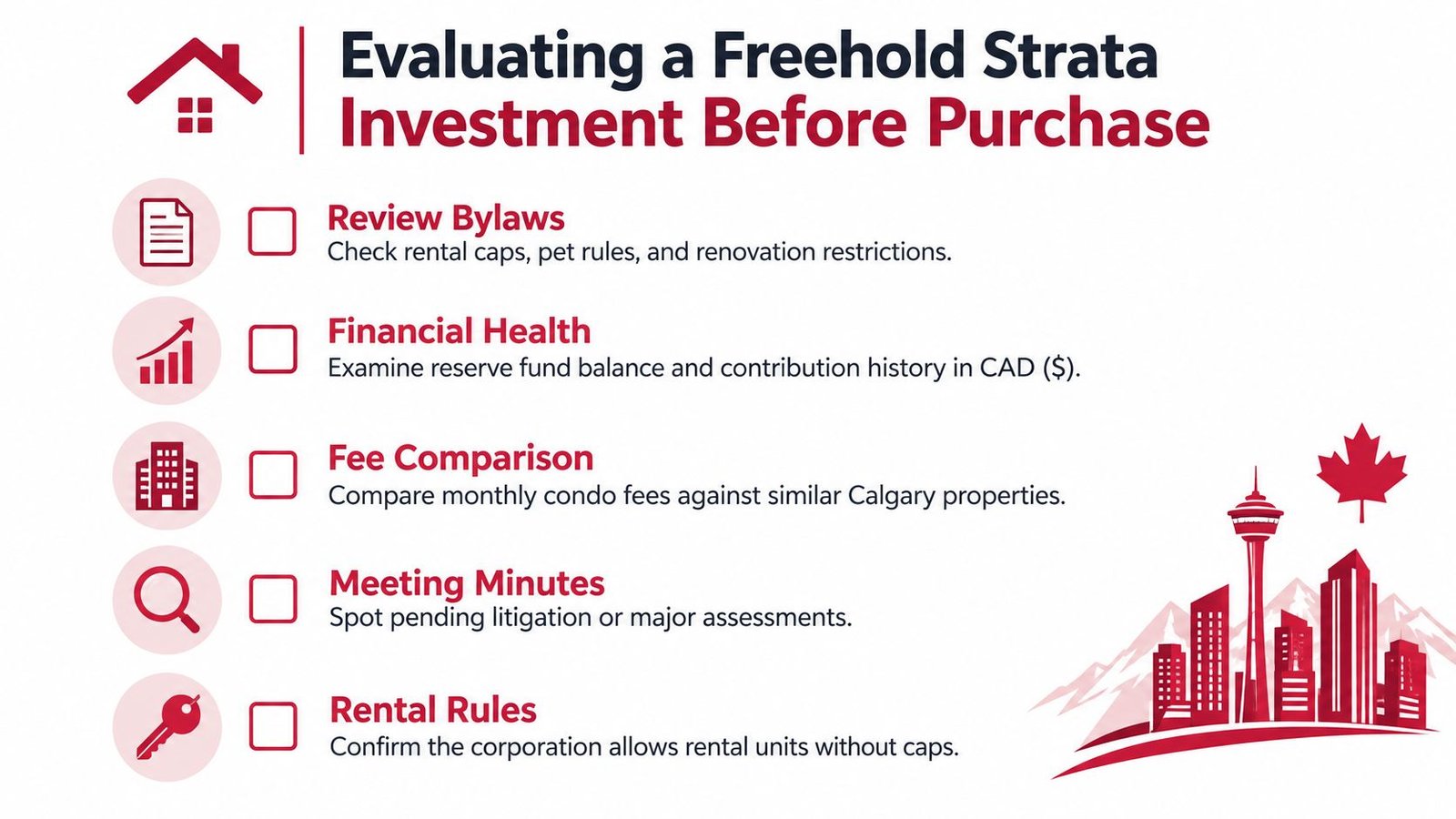 An infographic checklist for evaluating a freehold strata investment property before making a purchase in Canada.