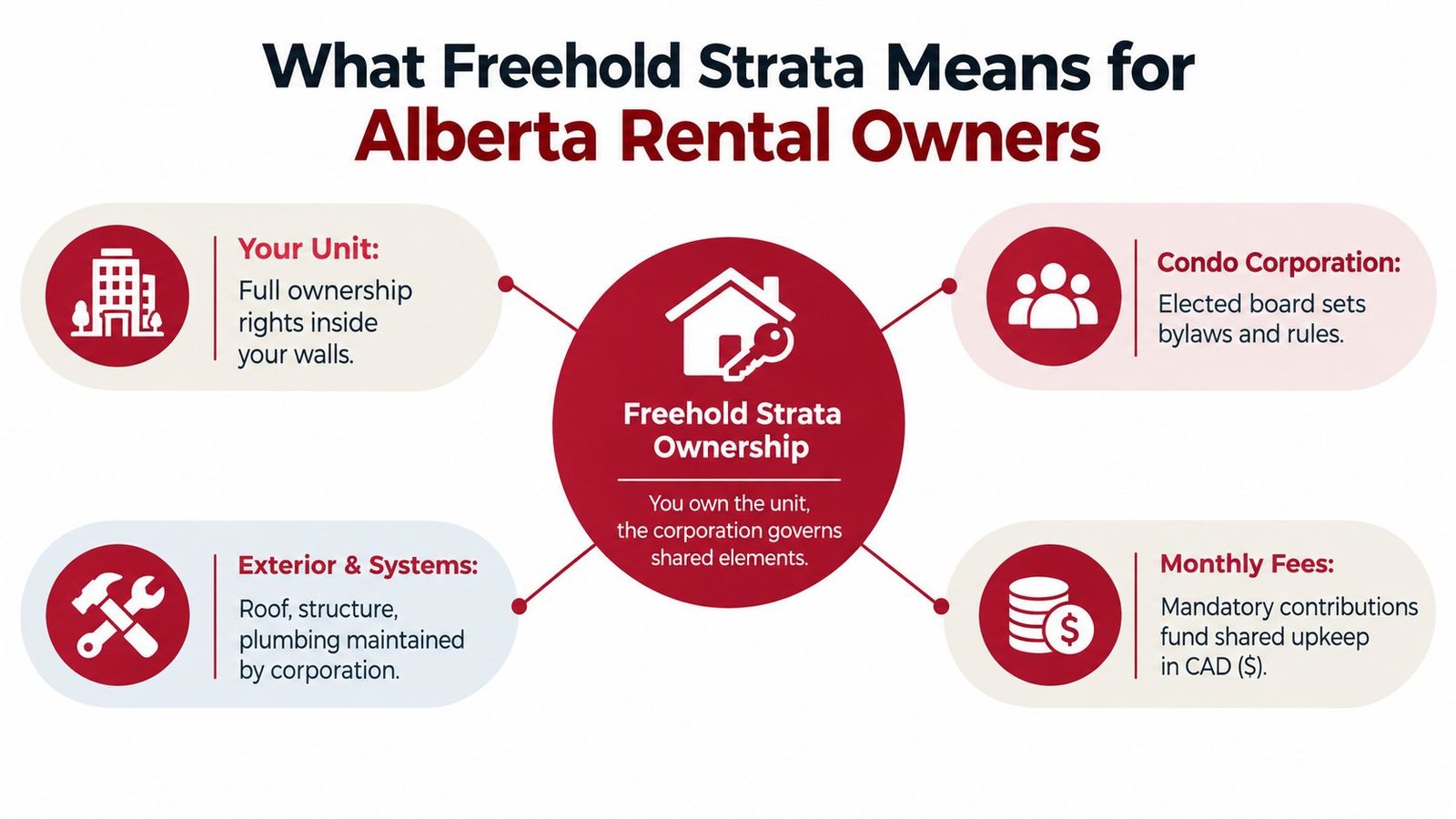 An infographic explaining freehold strata ownership for Alberta rental owners, highlighting unit rights, corporation governance, maintenance, and fees.