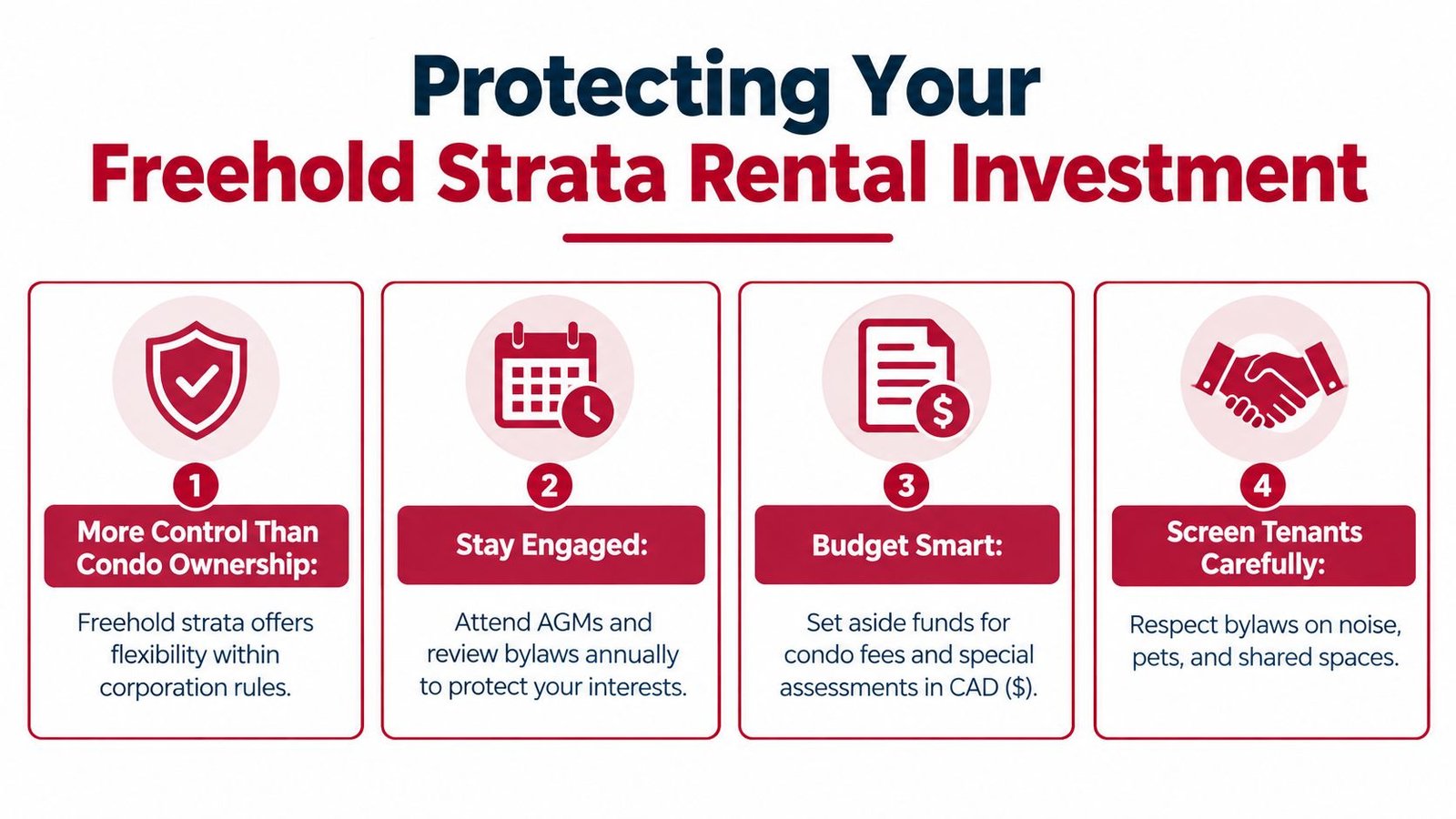 An infographic titled Protecting Your Freehold Strata Rental Investment listing four essential tips for property owners.