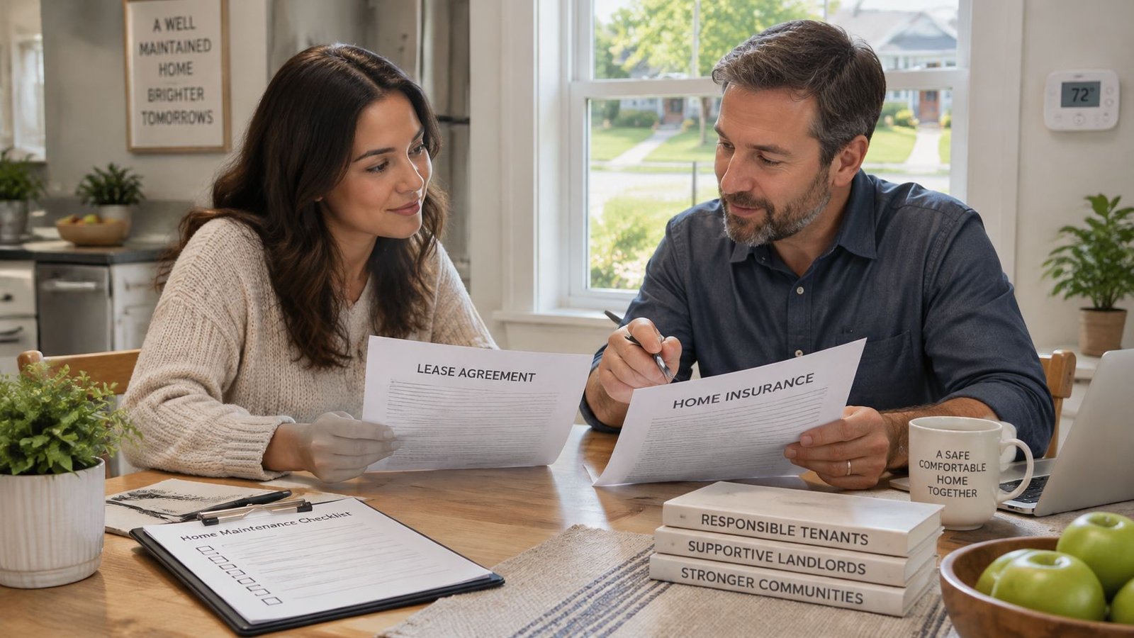 A couple sits at a dining table reviewing lease agreements and home insurance documents together at home.